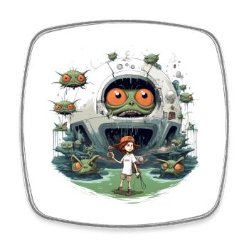 Roboter Monster Raumschiff Alien Planet Shirt - Viereckiger Kühlschrankmagnet - Weiß - Vorne
