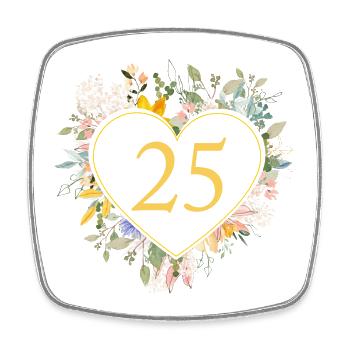 Numéro 25, Fleurs de cœur, personnalisable - Magnet carré - blanc - Devant