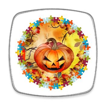 funny Halloween pumpkin in an autumnal ambience - Square fridge magnet - white - Front