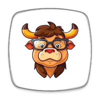 Bull Wearing Glasses Cartoon Kawaii Illustration - Square fridge magnet - white - Front