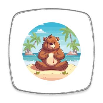 Bear Cartoon Yoga Beach Summer Illustration - Square fridge magnet - white - Front