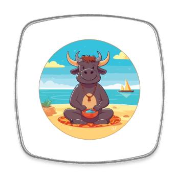 Bull Cartoon Yoga Beach Summer Illustration - Square fridge magnet - white - Front
