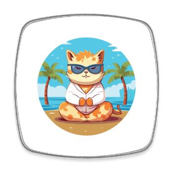 Chat Cartoon Yoga Beach Illustration d’été - Magnet carré - blanc - Devant