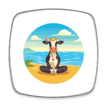 Vache Cartoon Yoga Beach Illustration d’été - Magnet carré - blanc - Devant