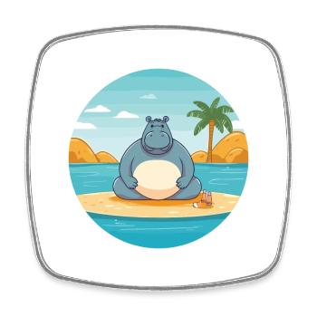 Hippo Cartoon Yoga Beach Summer Illustration - Square fridge magnet - white - Front