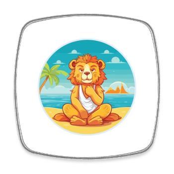 Löwe-Karikatur-Yoga-Strand-Sommer-Illustration - Viereckiger Kühlschrankmagnet - Weiß - Vorne