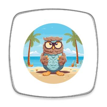 Owl Cartoon Yoga Beach Summer Illustration - Square fridge magnet - white - Front