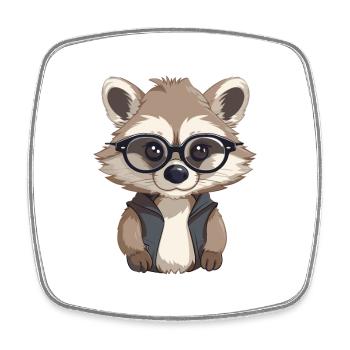Raccoon With Glasses Cartoon Kawaii Illustration - Square fridge magnet - white - Front