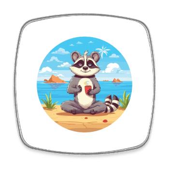 Raccoon Cartoon Yoga Beach Summer Illustration - Square fridge magnet - white - Front