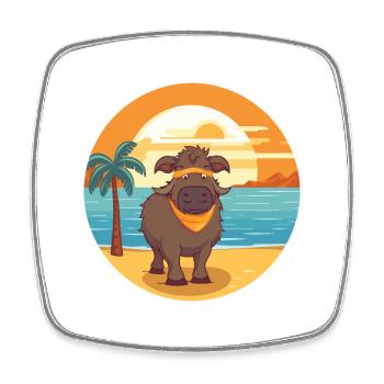 Buffalo Funny Cartoon Kawaii Beach Illustration - Square fridge magnet - white - Front