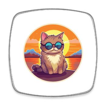 Cat Funny Cartoon Kawaii Beach Illustration - Square fridge magnet - white - Front
