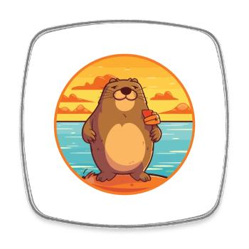 Beaver Funny Cartoon Kawaii Beach Illustration - Square fridge magnet - white - Front