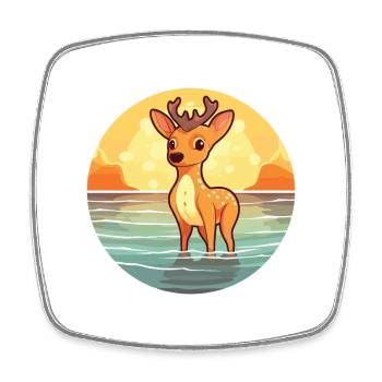 Deer Funny Cartoon Kawaii Beach Illustration - Square fridge magnet - white - Front