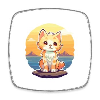 Kitten Funny Cartoon Kawaii Beach Illustration - Square fridge magnet - white - Front