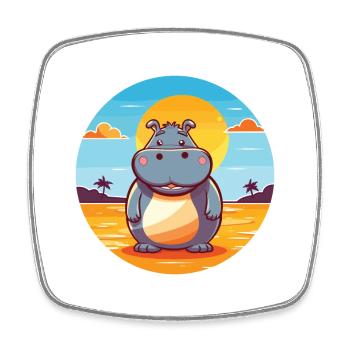 Hippo Funny Cartoon Kawaii Beach Illustration - Square fridge magnet - white - Front