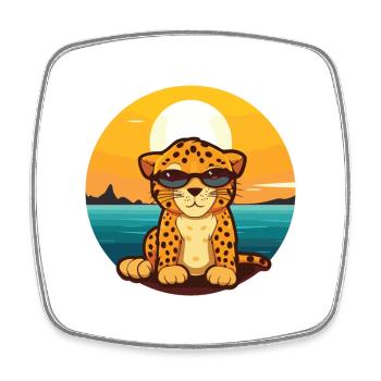 Leopard Funny Cartoon Kawaii Beach Illustration - Square fridge magnet - white - Front