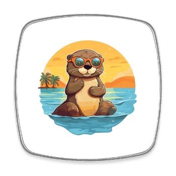 Otter Funny Cartoon Kawaii Beach Illustration - Square fridge magnet - white - Front