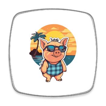 Cochon Drôle de dessin animé Kawaii Beach Illustration - Magnet carré - blanc - Devant