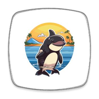 Orca Funny Cartoon Kawaii Beach Illustration - Square fridge magnet - white - Front