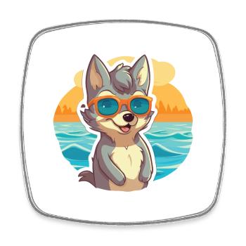 Wolf Funny Cartoon Kawaii Beach Illustration - Square fridge magnet - white - Front