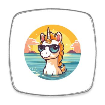 Unicorn Funny Cartoon Kawaii Beach Illustration - Square fridge magnet - white - Front