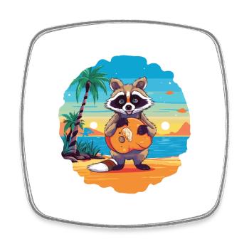 Raccoon Funny Cartoon Kawaii Beach Illustration - Square fridge magnet - white - Front