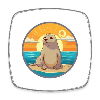 Seal Funny Cartoon Kawaii Beach Illustration - Square fridge magnet - white - Front