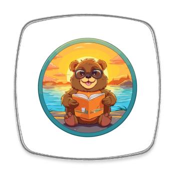 Beaver Cute Funny Cartoon Kawaii Book Beach - Square fridge magnet - white - Front