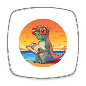 Chameleon Cute Funny Cartoon Kawaii Book Beach - Square fridge magnet - white - Front