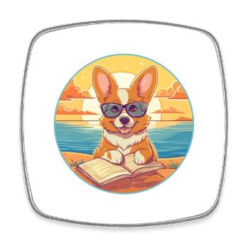 Corgi Chien Mignon Drôle Dessin Animé Kawaii Livre Plage - Magnet carré - blanc - Devant