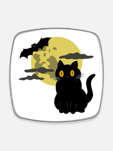 Black Cat Moon Bat Halloween - Magnet carré - blanc