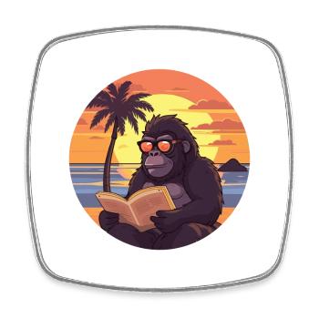 Gorilla Cute Funny Cartoon Kawaii Book Beach - Square fridge magnet - white - Front
