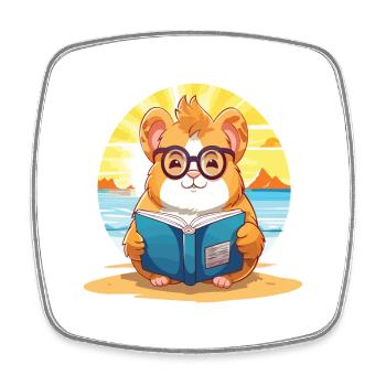 Hamster Cute Funny Cartoon Kawaii Book Beach - Square fridge magnet - white - Front