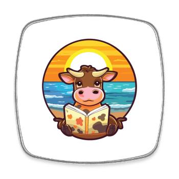 Vache Mignon Drôle Dessin Animé Kawaii Livre Plage - Magnet carré - blanc - Devant