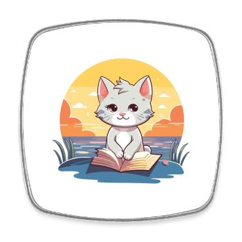 Cat Cute Funny Cartoon Kawaii Book Beach - Square fridge magnet - white - Front
