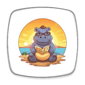 Hippo Cute Funny Cartoon Kawaii Book Beach - Square fridge magnet - white - Front