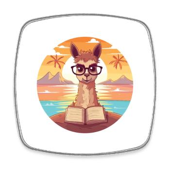 Llama Cute Funny Cartoon Kawaii Book Beach - Square fridge magnet - white - Front