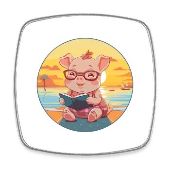 Cochon Mignon Drôle Dessin Animé Kawaii Livre Plage - Magnet carré - blanc - Devant