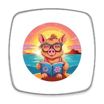 Schwein Niedlich Lustige Karikatur Kawaii Buch Strand - Viereckiger Kühlschrankmagnet - Weiß - Vorne