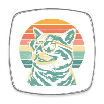 Retro Sunset Cat with Glasses - Square fridge magnet - white - Front