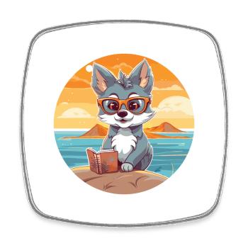 Wolf Cute Funny Cartoon Kawaii Book Beach - Square fridge magnet - white - Front