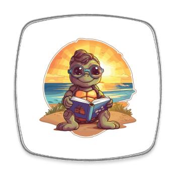 Turtle Cute Funny Cartoon Kawaii Book Beach - Square fridge magnet - white - Front