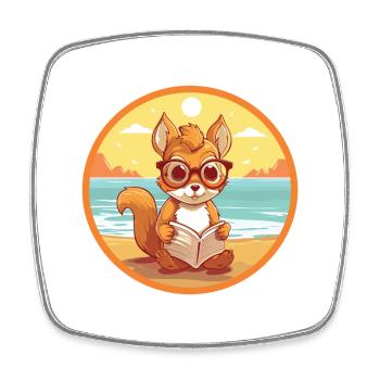 Squirrel Cute Funny Cartoon Kawaii Book Beach - Square fridge magnet - white - Front