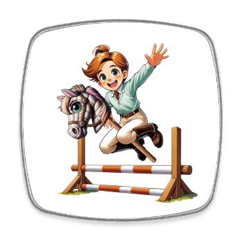Hobby Horsing Sprung mit Steckenpferd - Viereckiger Kühlschrankmagnet - Weiß - Vorne