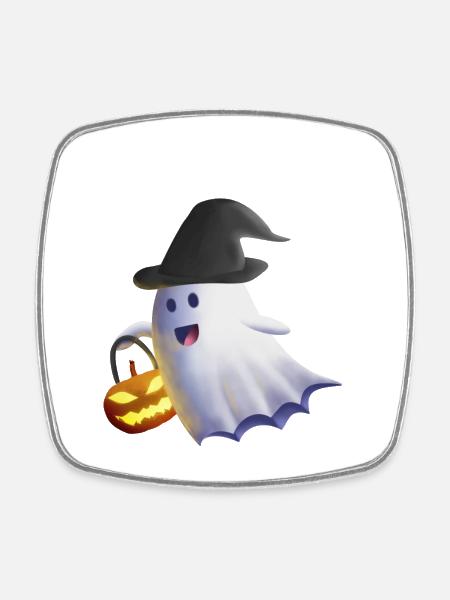 Ghost with Witch Hat and Jack-o'-Lantern - Square fridge magnet - white