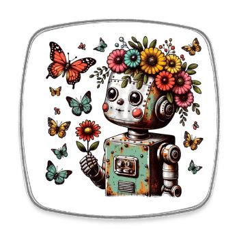 Roboter Kind mit Blumen, niedlich, vintage - Viereckiger Kühlschrankmagnet - Weiß - Vorne