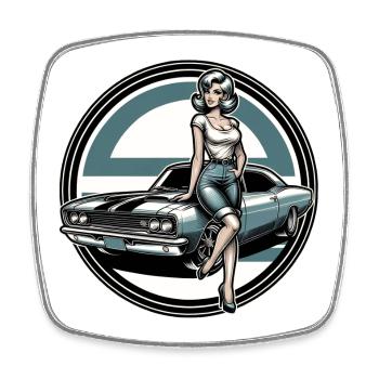 Blonde Schönheit und Muscle Car - Viereckiger Kühlschrankmagnet - Weiß - Vorne