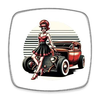 Rockabella on the Hotrod: Retro Comic - Square fridge magnet - white - Front