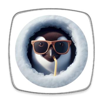 Pinguin mit Sonnenbrille und Strohhalm durch Eis - Viereckiger Kühlschrankmagnet - Weiß - Vorne