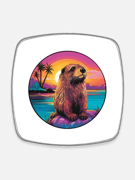 Castor Aquarelle Colorée Dessin Animé Kawaii Animal - Magnet carré - blanc